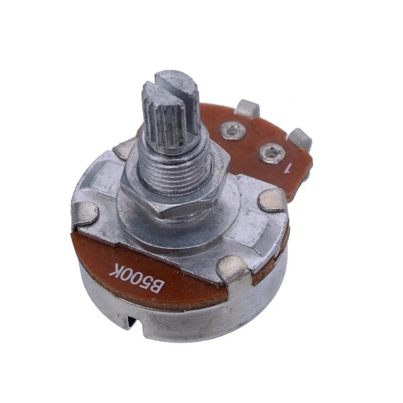 A single metal electric guitar control knob for potentiometers, shown with selection options for 250K or 500K resistance for tone or volume.