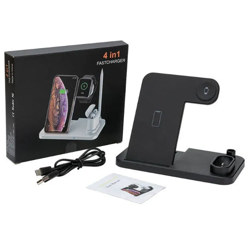 4-in-1 wireless charging dock showing iPhone, Apple Watch, AirPods and Apple Pencil charging simultaneously on adjustable stand.