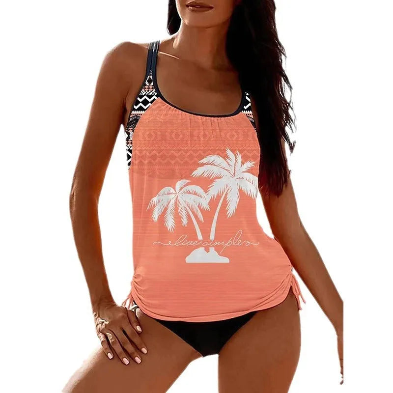 Women's loose fit tangini bikini briefs in various colours on a size chart background.