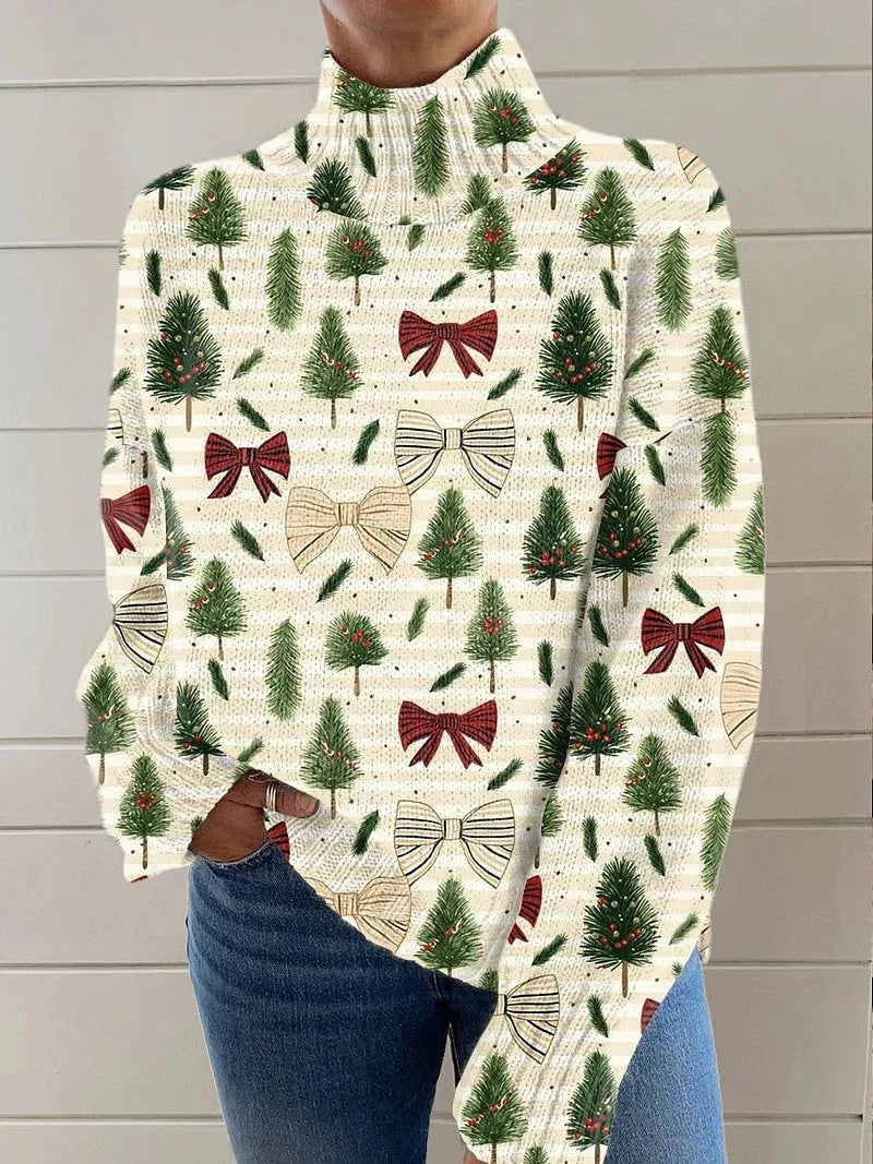 A woman's loose-fit Christmas sweater with a painted festive print, a turtleneck, and long sleeves in a soft macaron colour.
