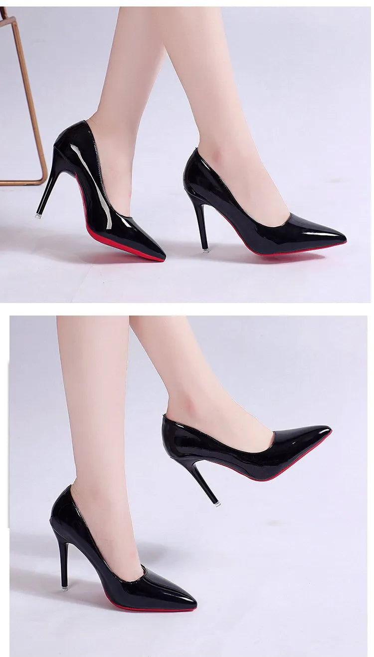 Women's pointed toe stiletto pump in a solid colour, showing the shallow mouth and high heel.