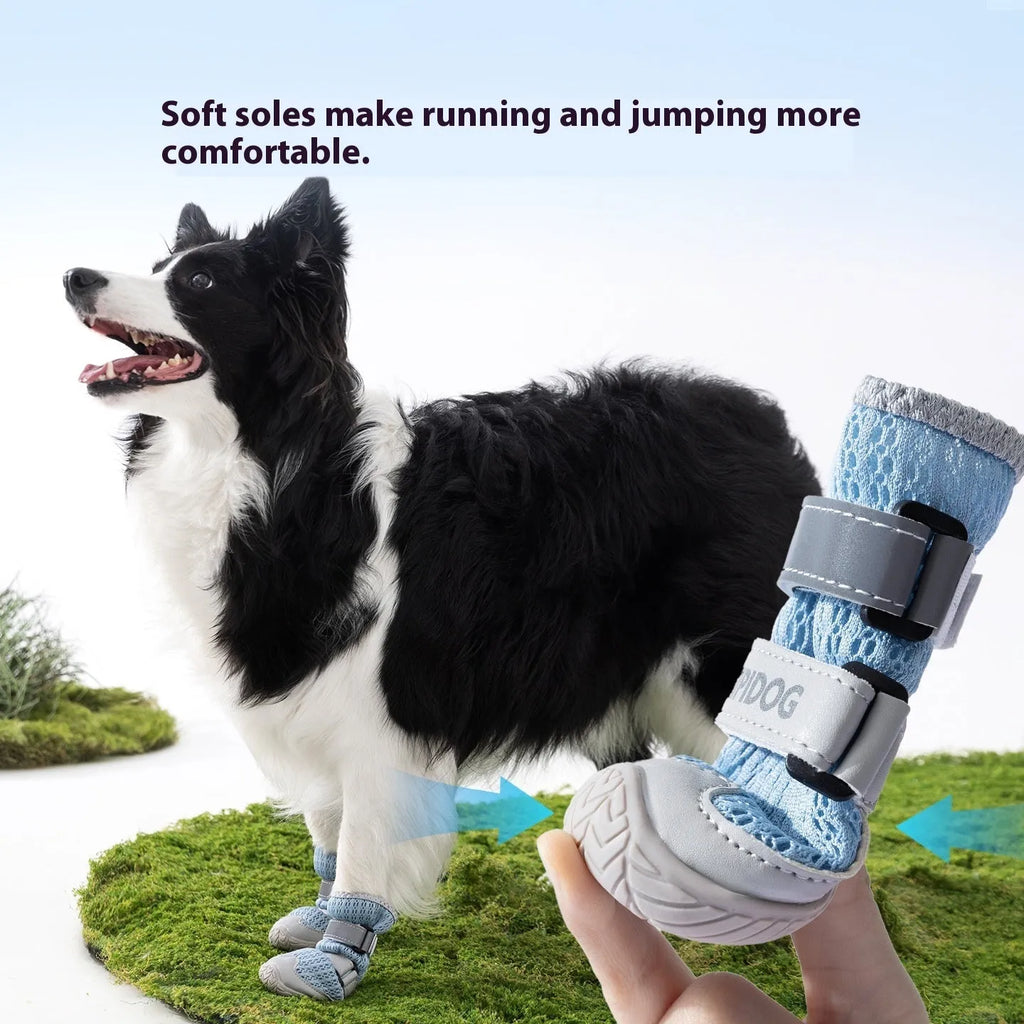 Pair of light blue cartoon-style dog shoes with adjustable strap, shown on a dog's paw.