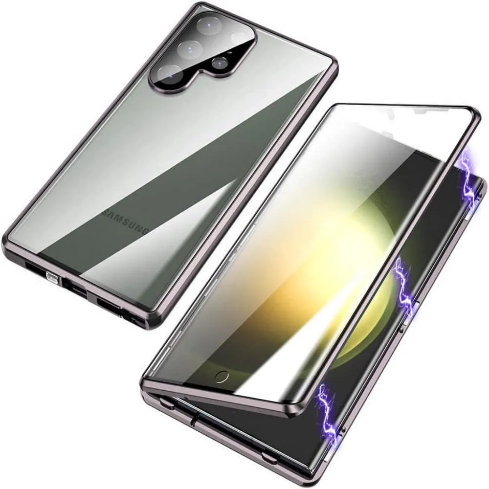 Magnetic King glossy metal HD peep-proof mirror phone case for Samsung S24 and S25 series in aluminium alloy glass