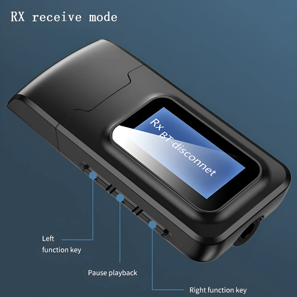 Two-in-one Bluetooth adapter in black with screen display and 3.5mm audio input