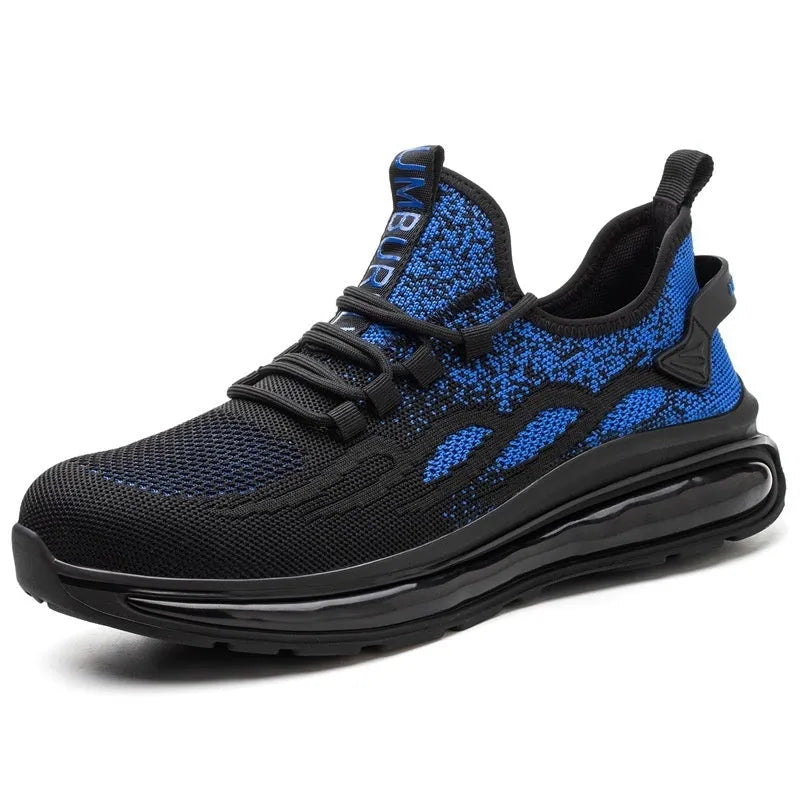 Lightweight breathable steel toe cap safety shoes in Black Gray with fly woven mesh upper and lace closure