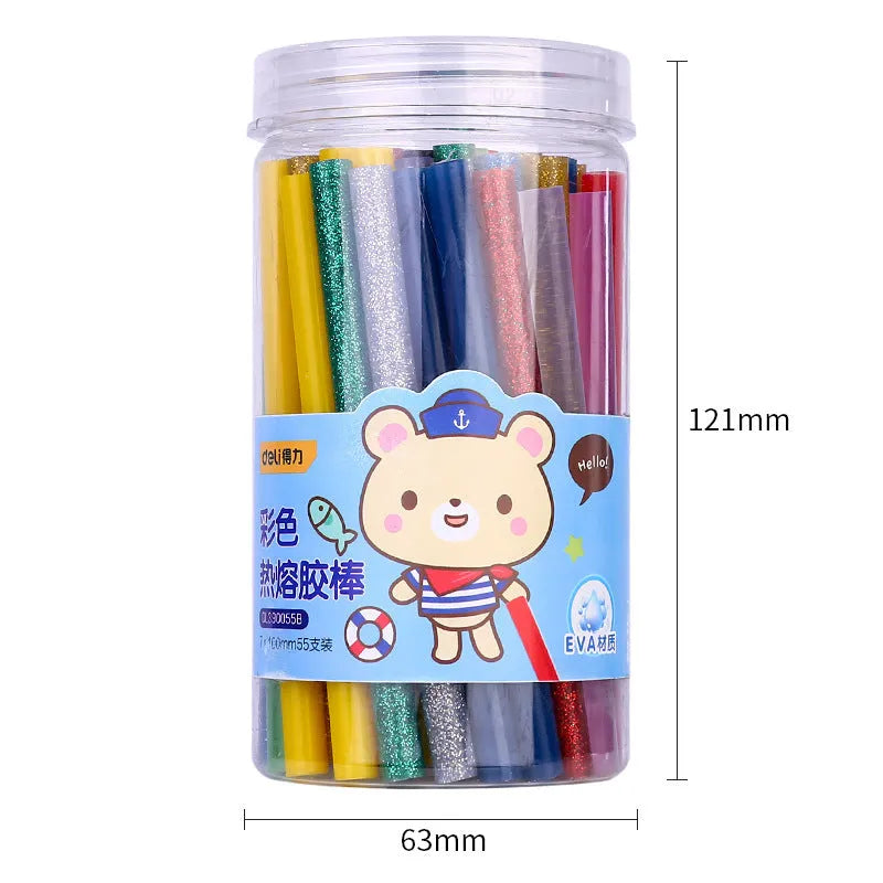 55 transparent EVA hot melt glue sticks in packaging measuring 63 × 121mm