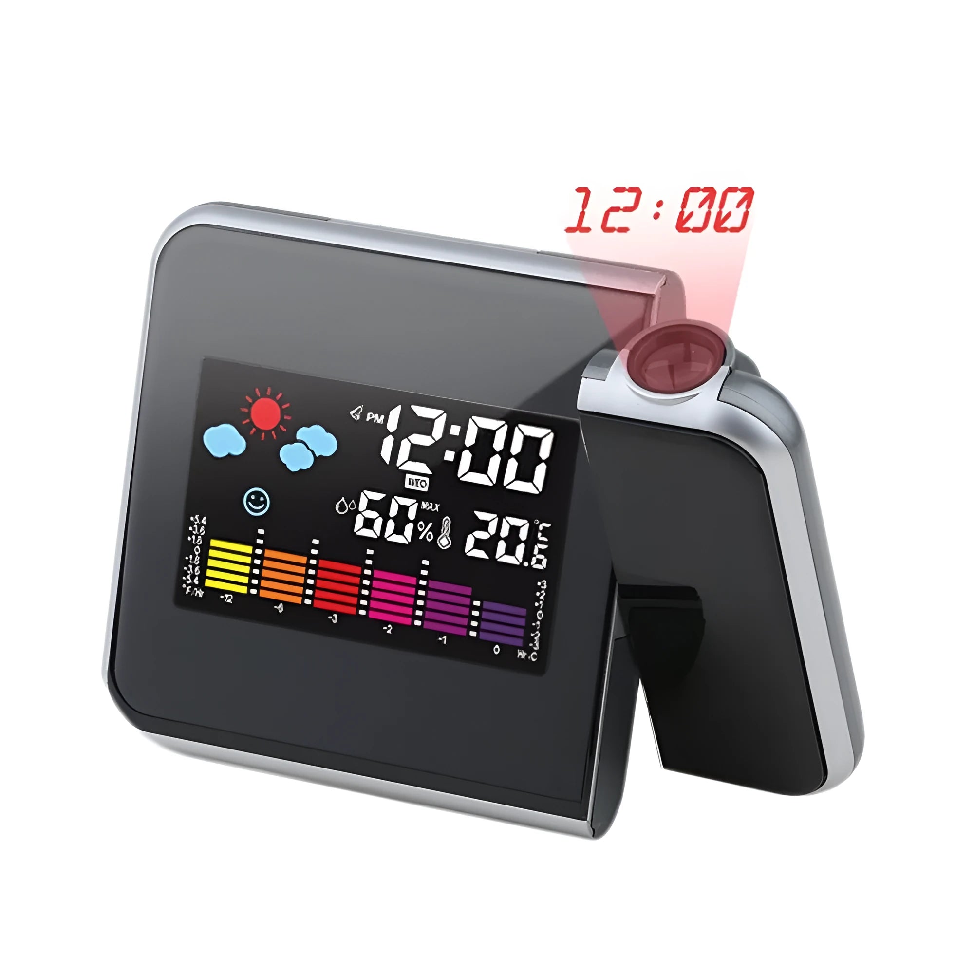 Black digital projection alarm clock with LED display showing time and temperature