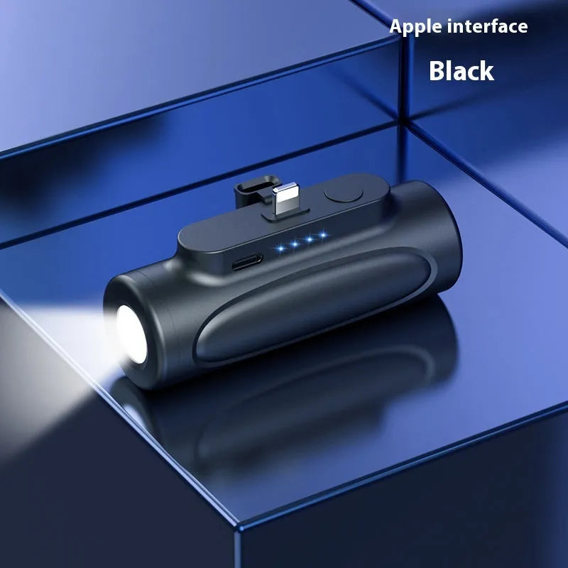 Black creative power bank with integrated LED flashlight, showing USB-C port, dimensions 83x27x41mm.