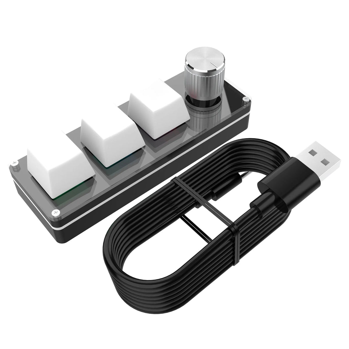 Three-key USB Photoshop shortcut keypad in black or white with 1.5 m cable and plastic body