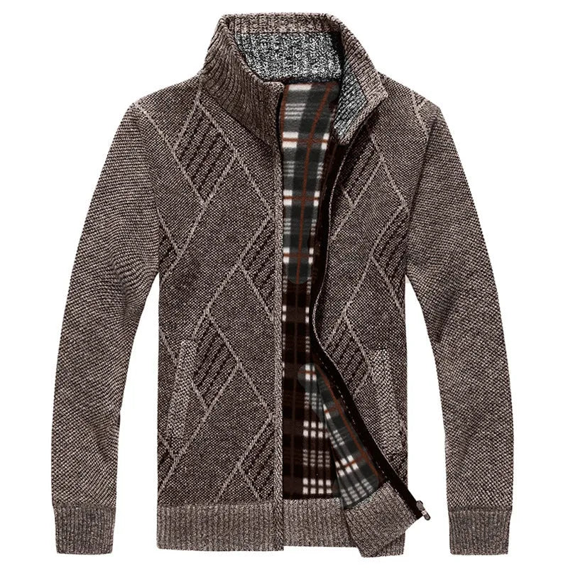 Men's thick cotton blend stand collar zipper cardigan sweater in light gray, long sleeves, size M to 3XL