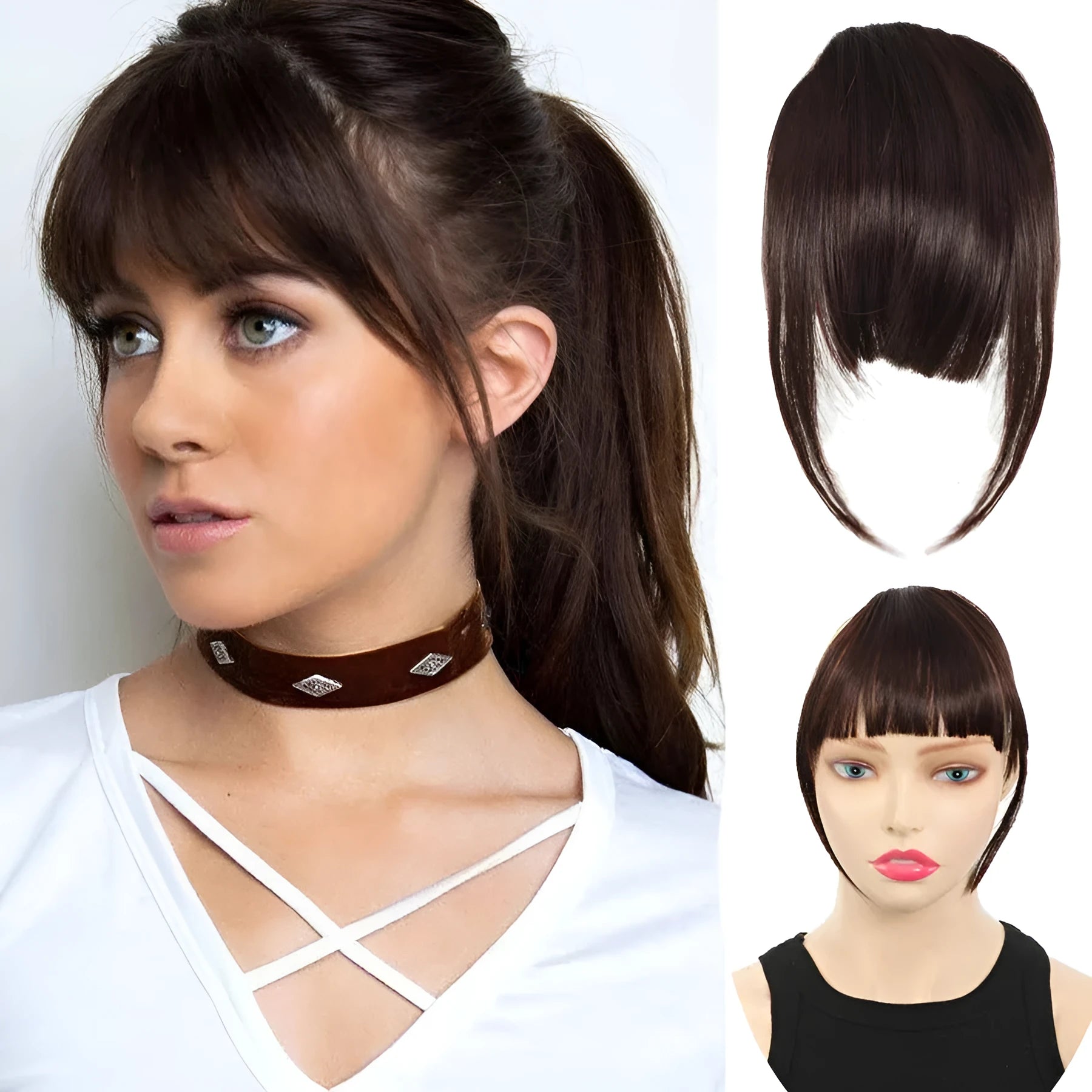 Long curly wig with bangs set in black high-temperature fibre for any face type
