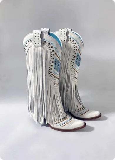 Retro embroidered rhinestone slip-on tassel boots for women, white, chunky heel