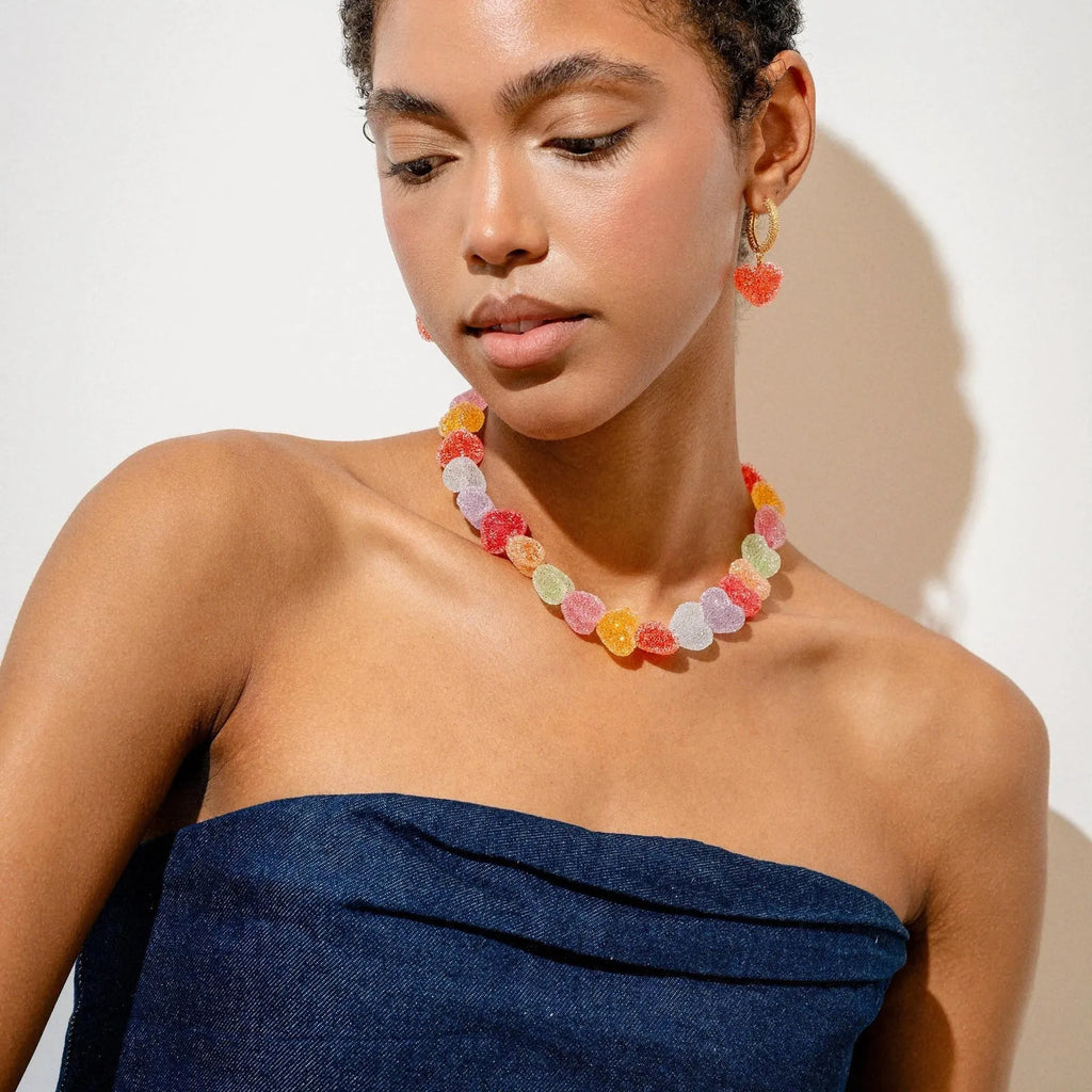 Colored loving heart resin necklace and earrings set with heart-shaped pendant and matching earrings in candy colours