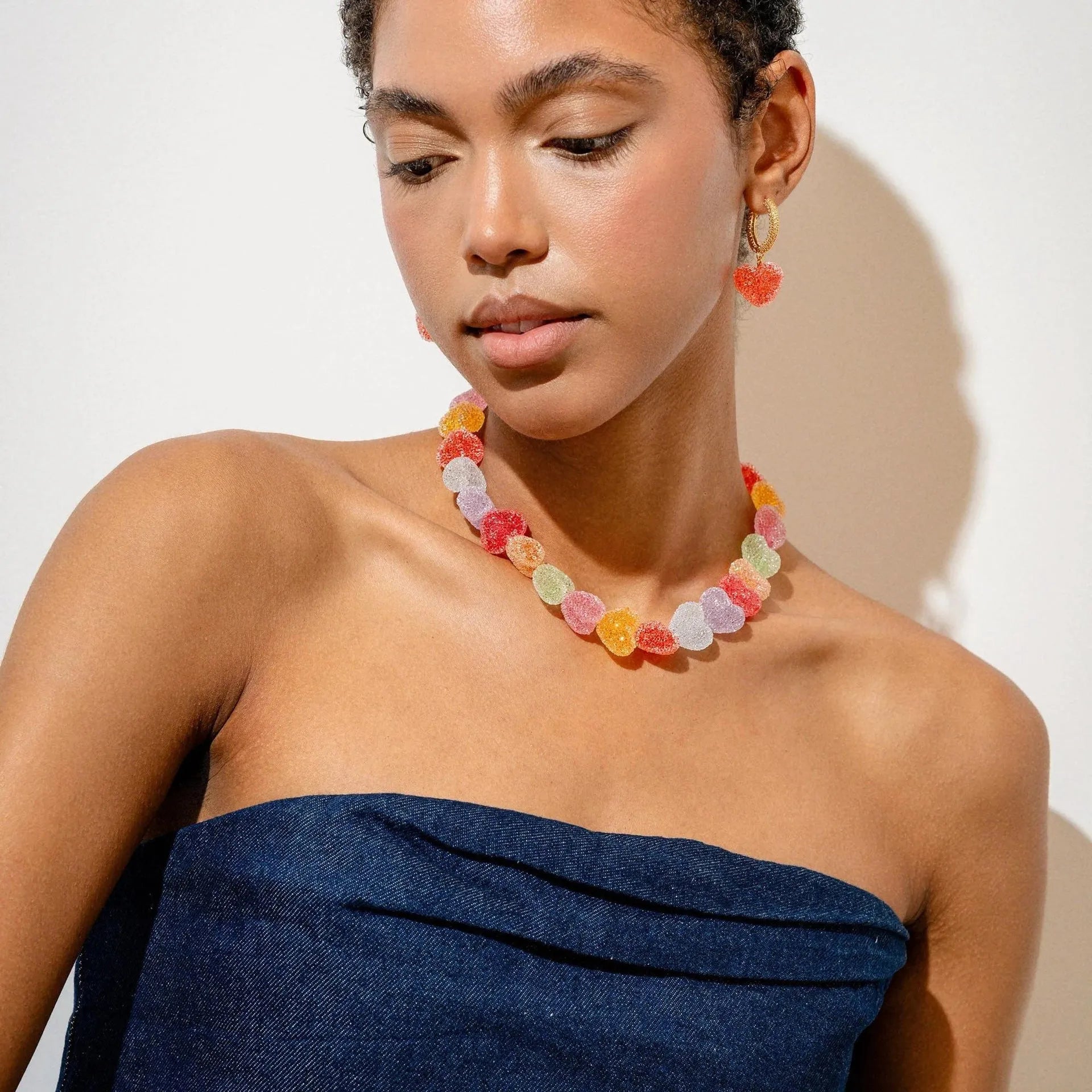 Colored loving heart resin necklace and earrings set with heart-shaped pendant and matching earrings in candy colours