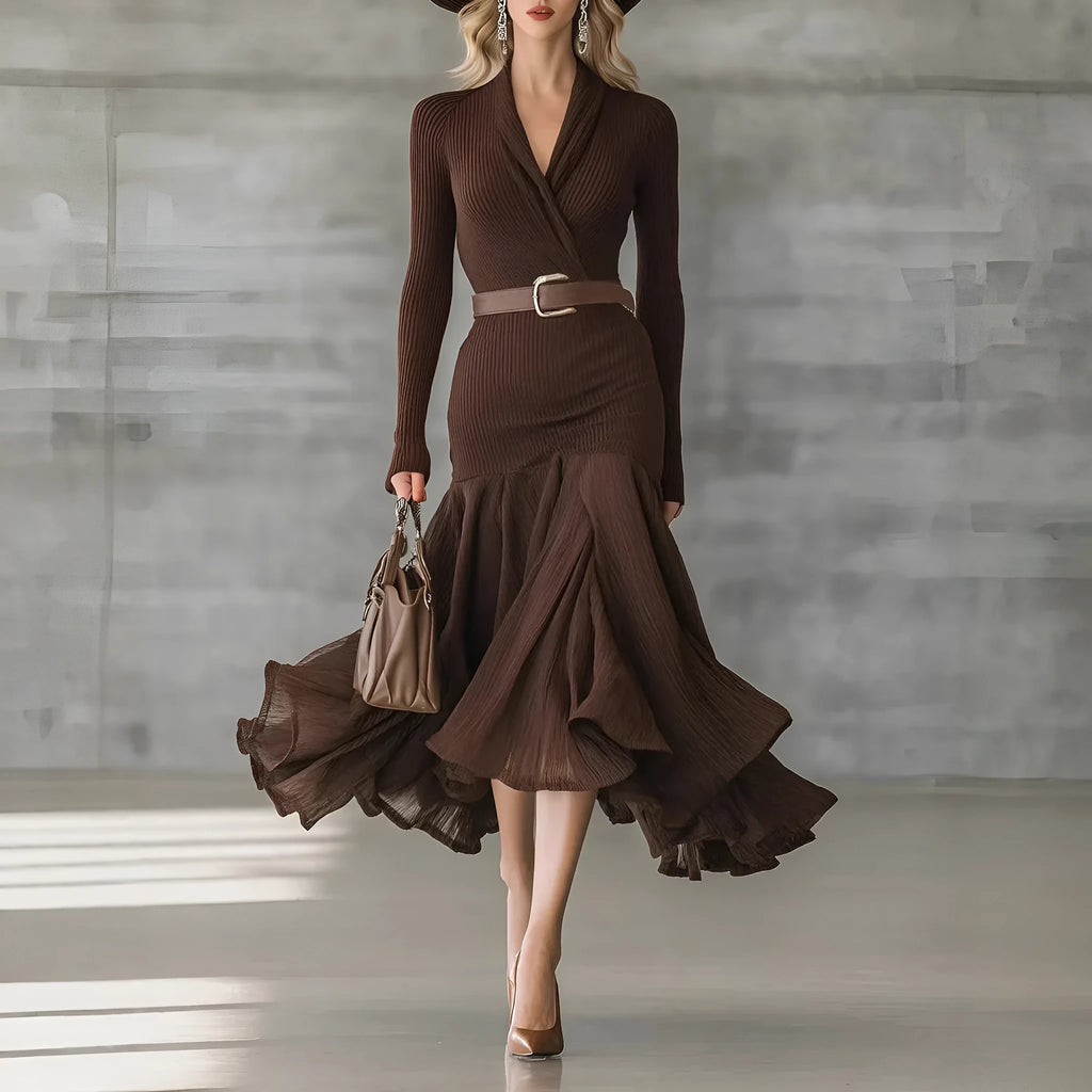 Stitching V-neck long-sleeve dress in solid dark brown with high waist and asymmetric long skirt, sizes S-XXL.