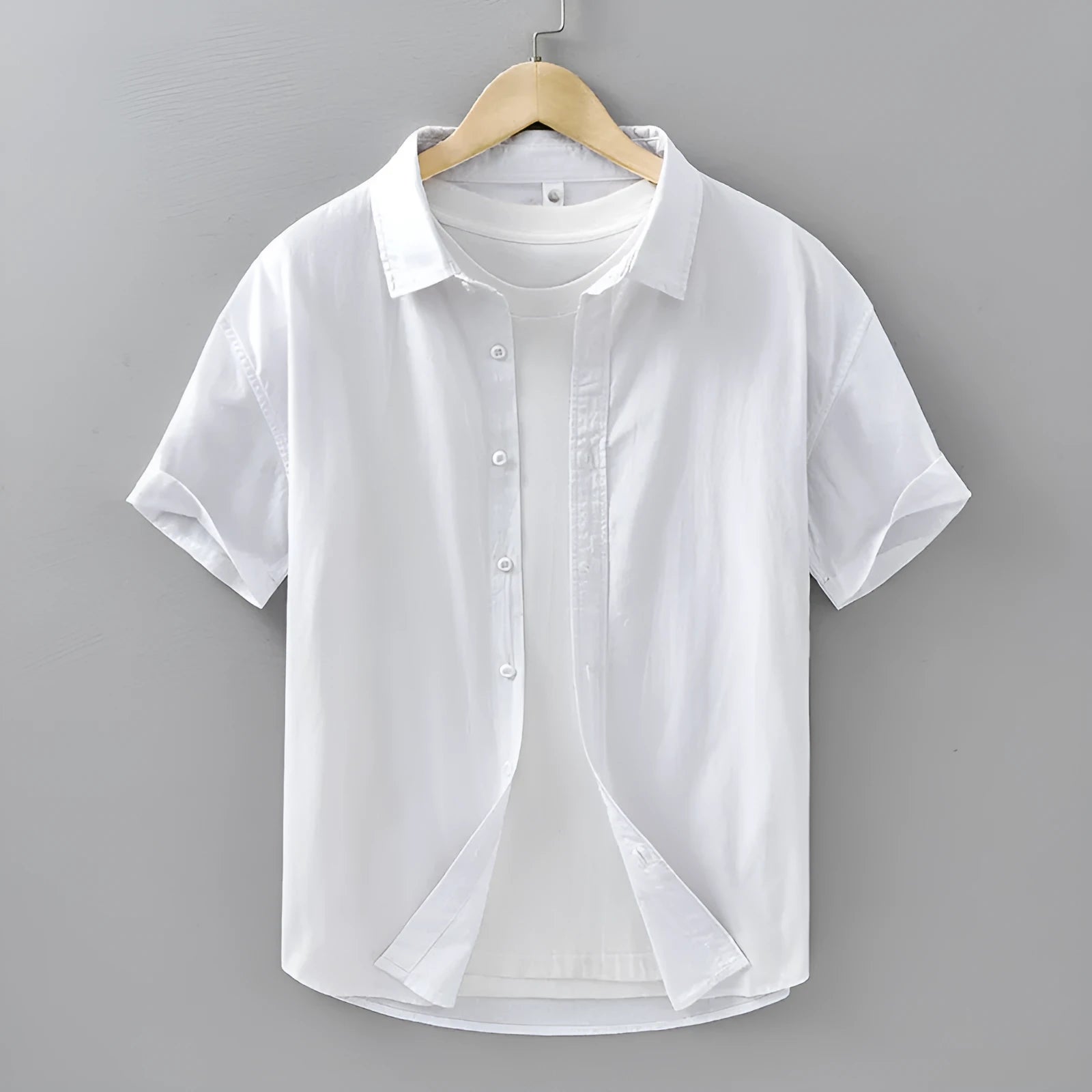 Mens summer short-sleeved cotton shirt in light gray, loose fit cardigan style