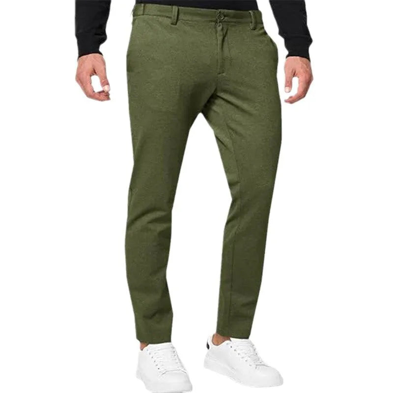 Men's tapered chino trousers in black stretch cotton blend fabric with zip fly and slim-fit silhouette