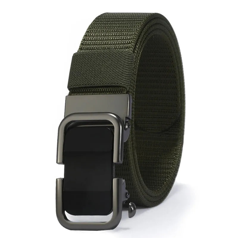 Men's toothless nylon canvas belt with alloy buckle showing adjustment mechanism
