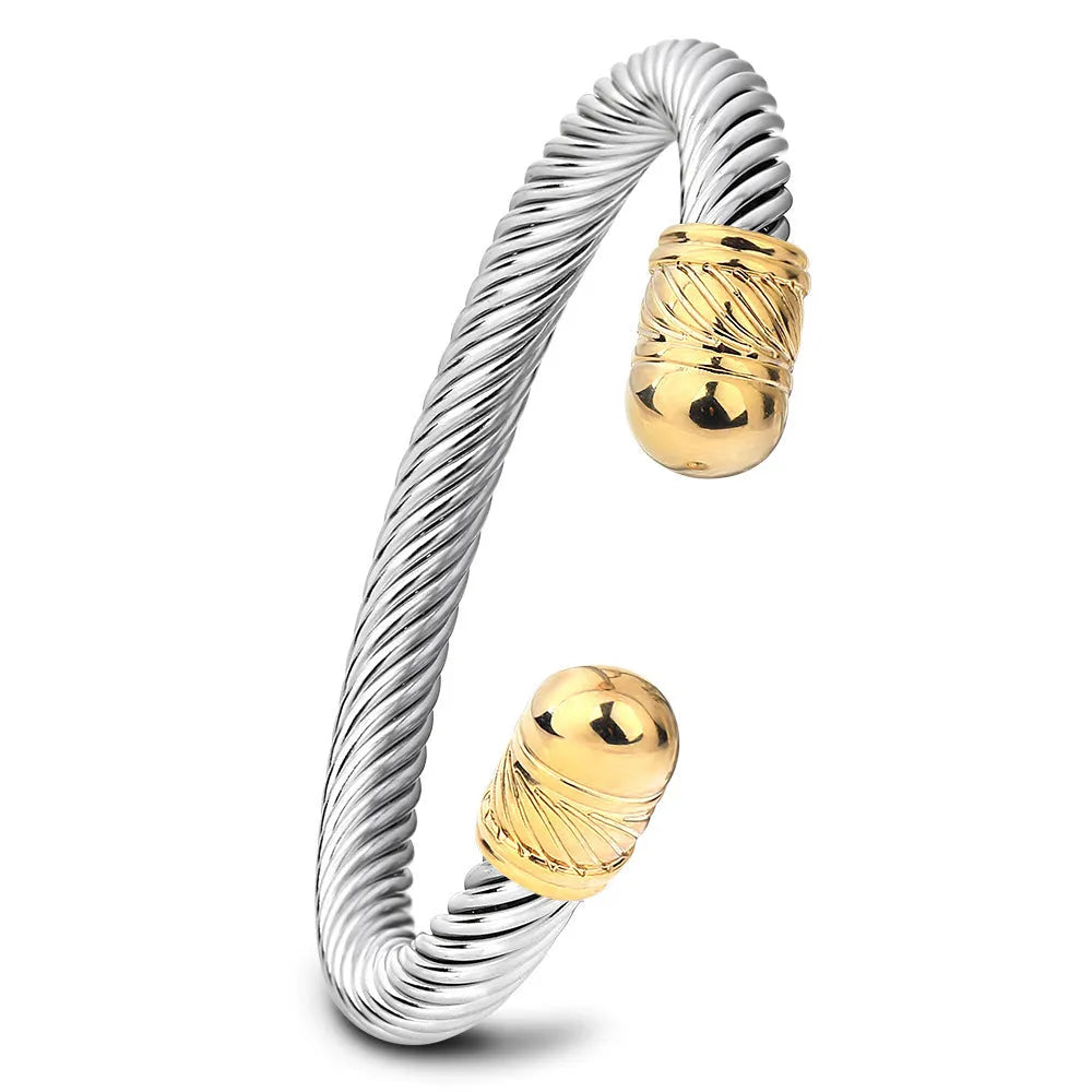 Round titanium steel cable bracelet with 7mm wire opening in gold or steel colour, simple style