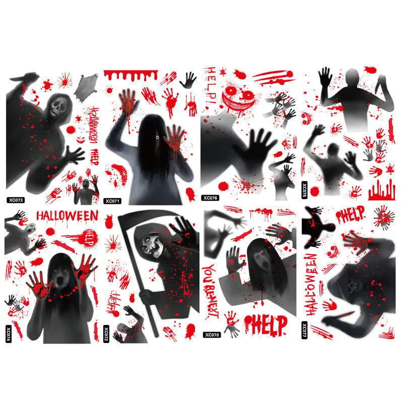 Six PVC electrostatic Halloween stickers with female ghost and skull motifs arranged as a window scene layout