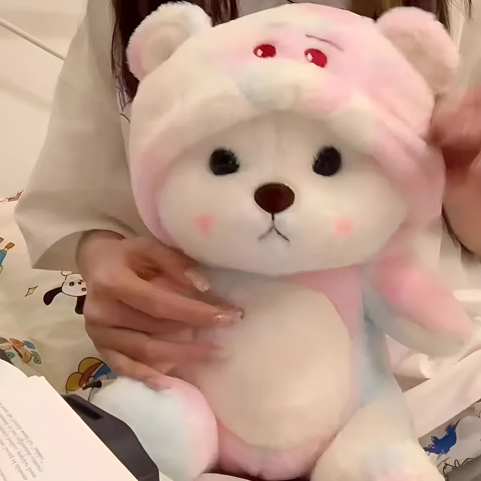 Colourful strawberry bear plush doll with cute face, available in multiple sizes and colours for teenagers