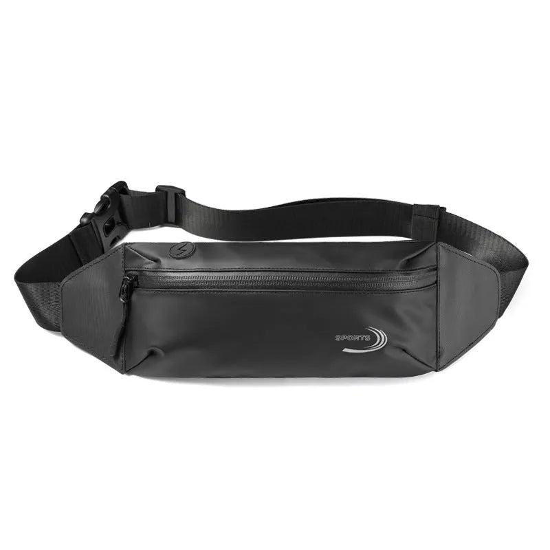 Men's black waterproof waist bag made from Derm Oxford polyester for sports.