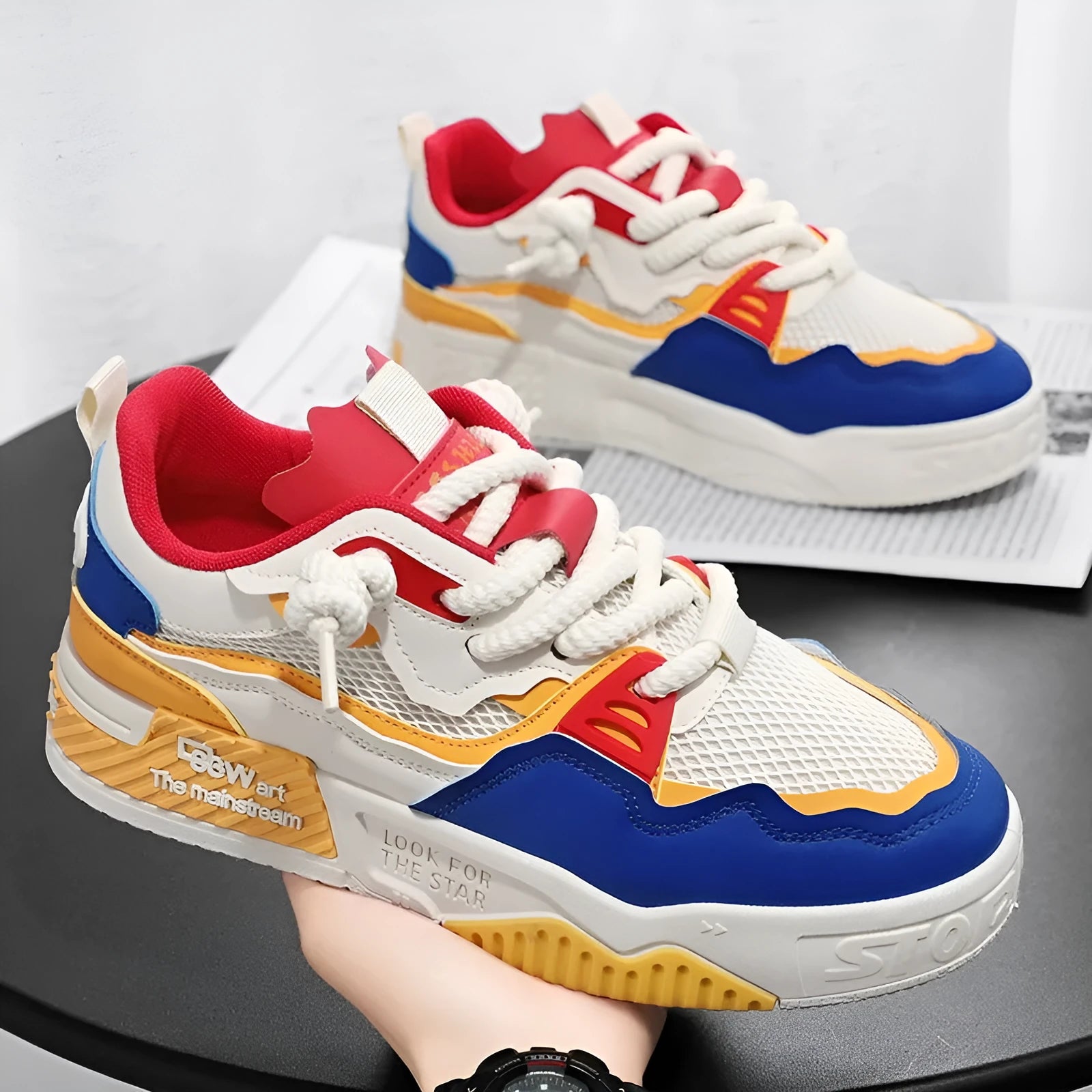 Men's low top white board shoes with colour matching detail and soft rubber sole