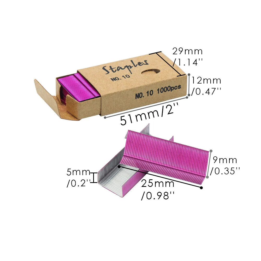 Box of 1000 metal stitching staples in a choice of black, purple, rose gold, or rose red.