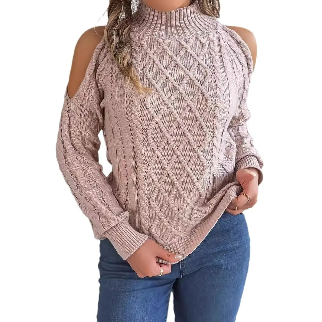 Women's gray acrylic sweater with twist pattern, strapless half-high collar, and lantern sleeves