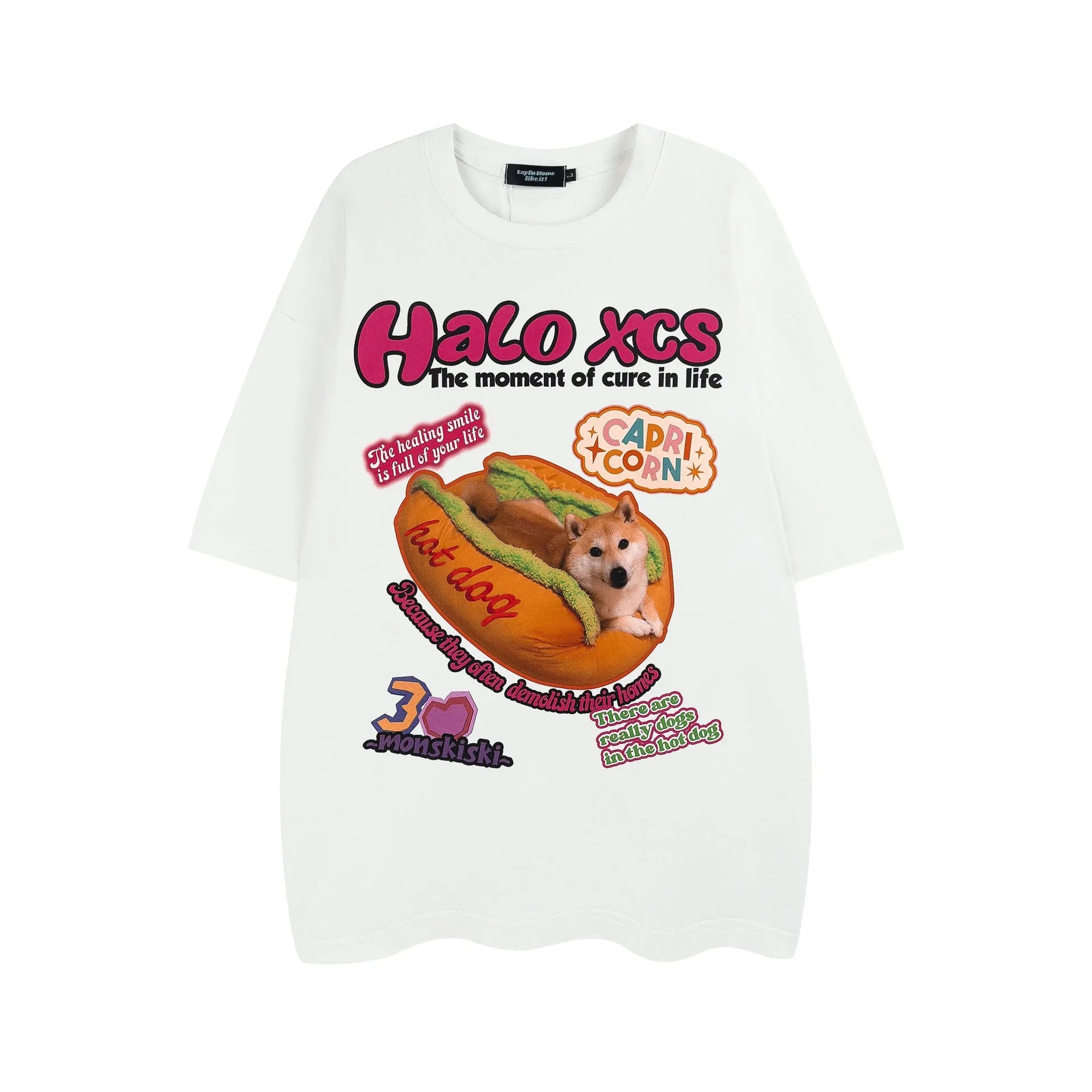 Cartoon hamburger dog printed cotton t-shirt in loose fit casual style with short sleeves