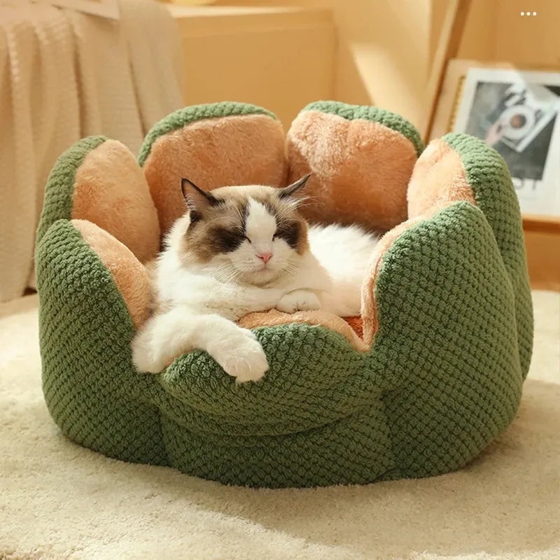 Cactus petal shaped plush pet kennel in green colour with enclosed sleeping space