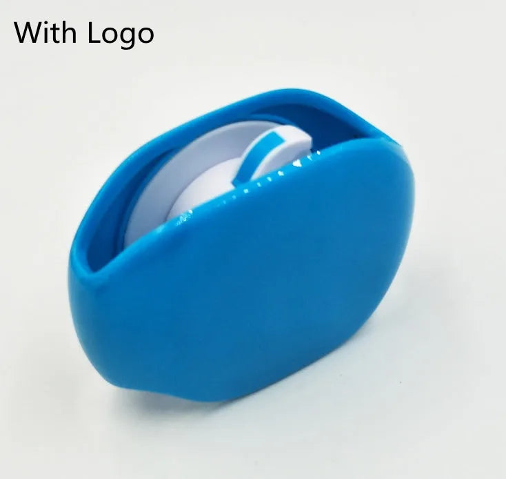 Automatic earphone cable winder retractor in blue, showing compact size next to a 3.5mm jack.