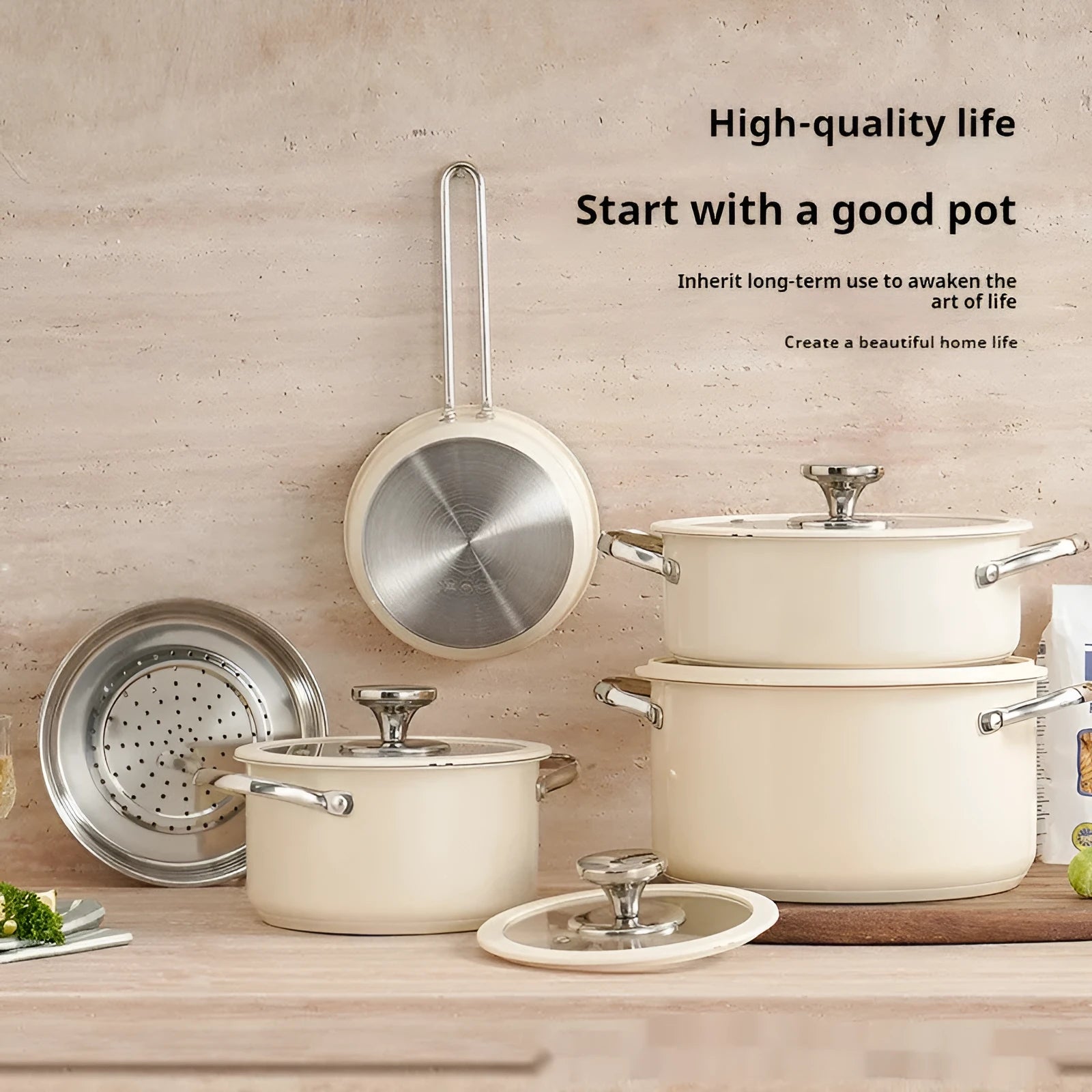 Stainless steel 304 double bottom soup pot set with beige gift box and glass covers