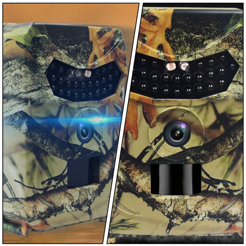 Yellow brown hunting game camera with infrared sensors and compact plastic housing