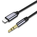 Silver and black nylon-braided audio cable for headphones and car adapters in three lengths.