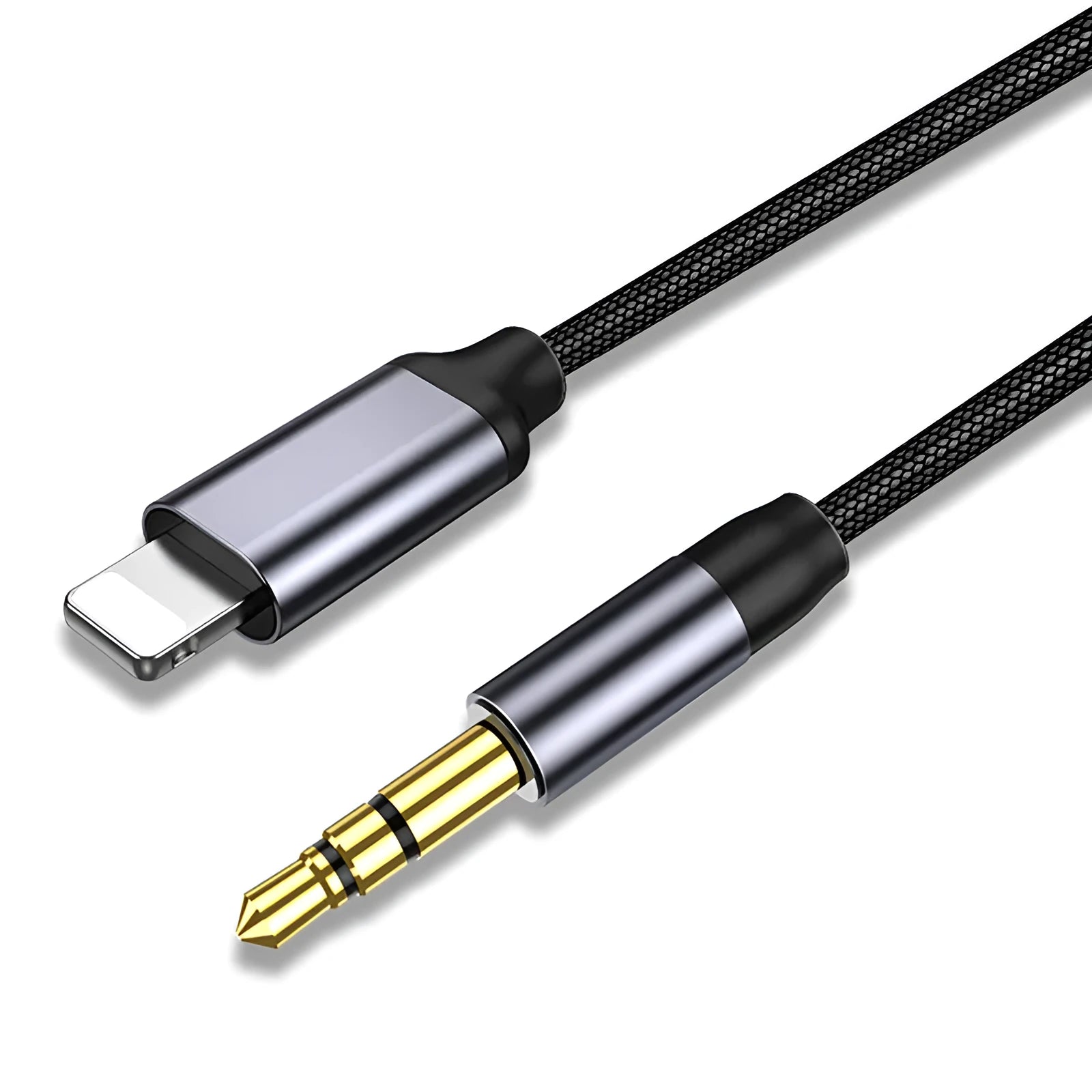 Silver and black nylon-braided audio cable for headphones and car adapters in three lengths.