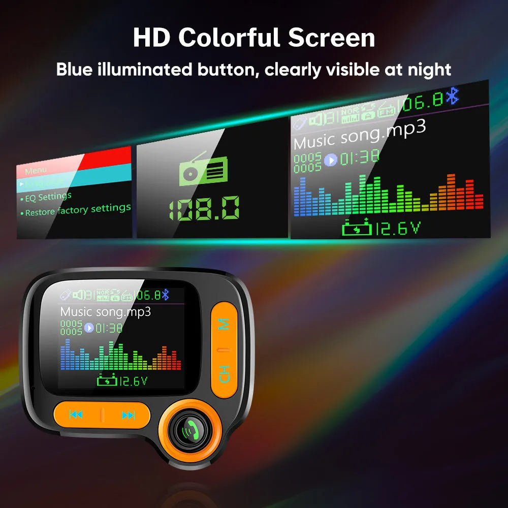 Car Bluetooth player with 1.77 inch OLED colour screen plugged into cigarette lighter with adjustable hose