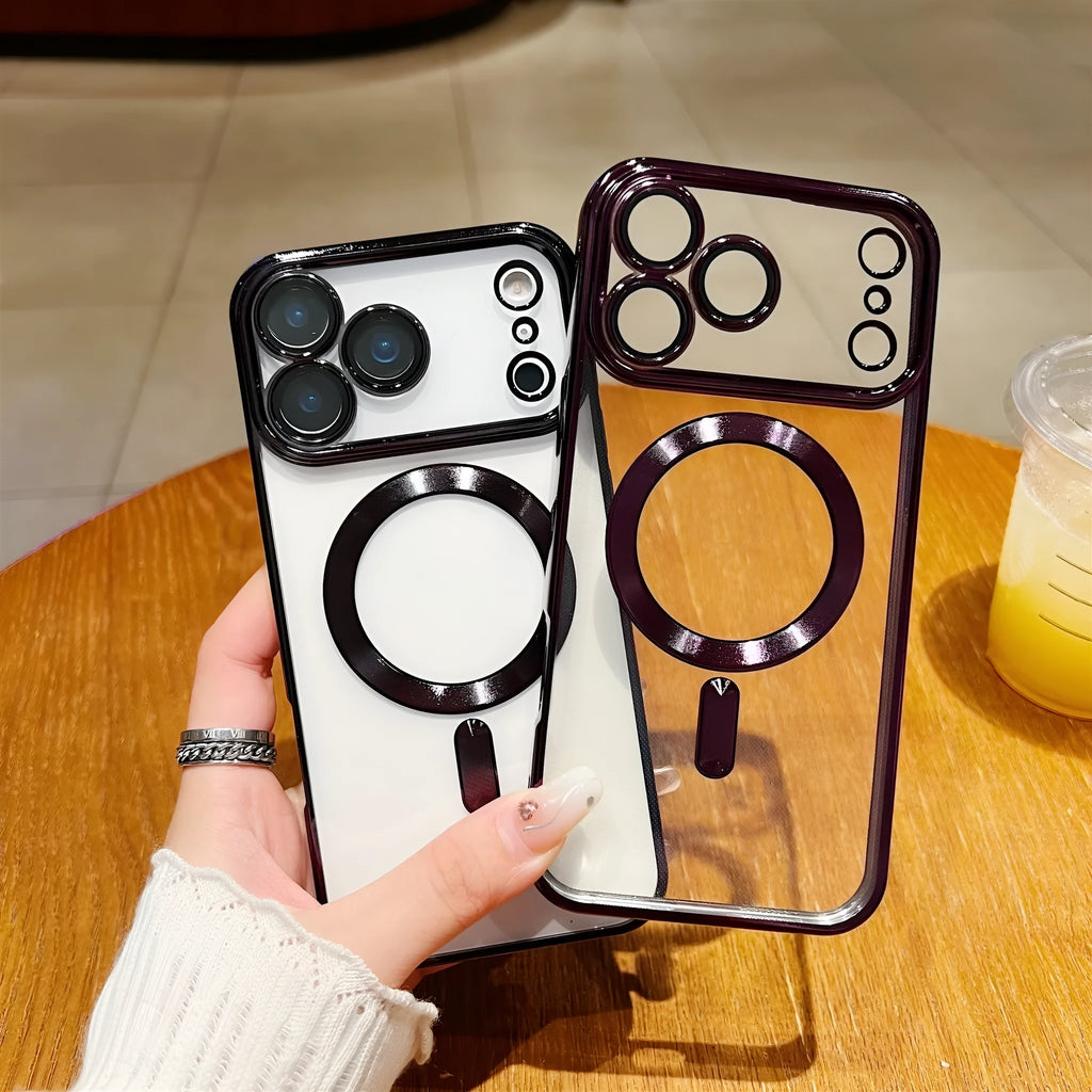 Magnetic TPU iPhone case with transparent lens protector and electroplated tail in black, dark night purple, and far peak blue.