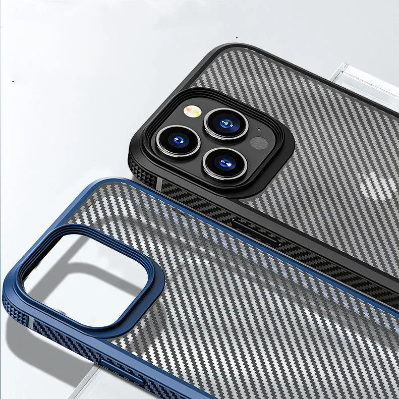 Black and blue anti-fall protective phone cases for iPhone 13 series with carbon fibre pattern.