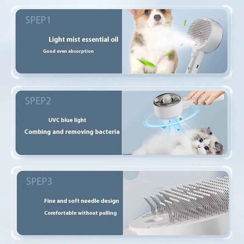 Ceramic white pet grooming comb with UVC light, spray mist tank, and soft needles for dog and cat hair removal.