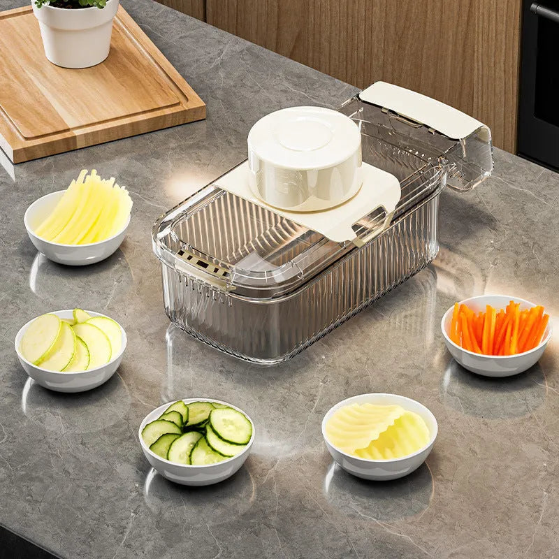 Transparent 2in1 multifunctional vegetable cutter with five blades and draining basket on countertop