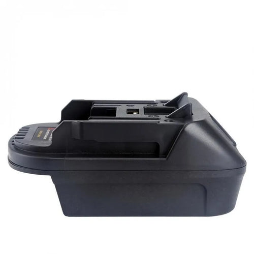 Black battery adapter connecting Milwaukee DM18M tools to Makita H99F batteries