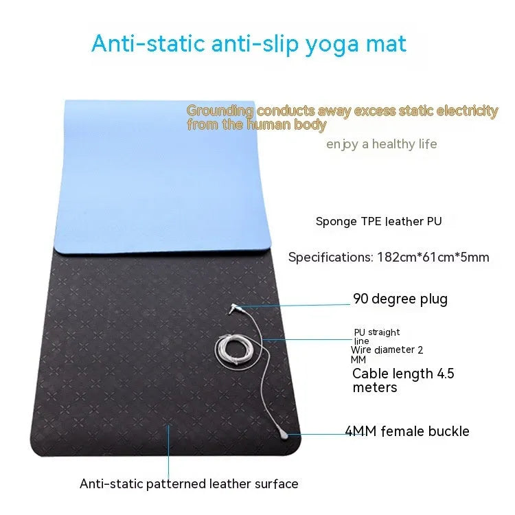 Blue conductive yoga mat with floral pattern and grounding wire, measuring 182x61cm with 5mm thickness