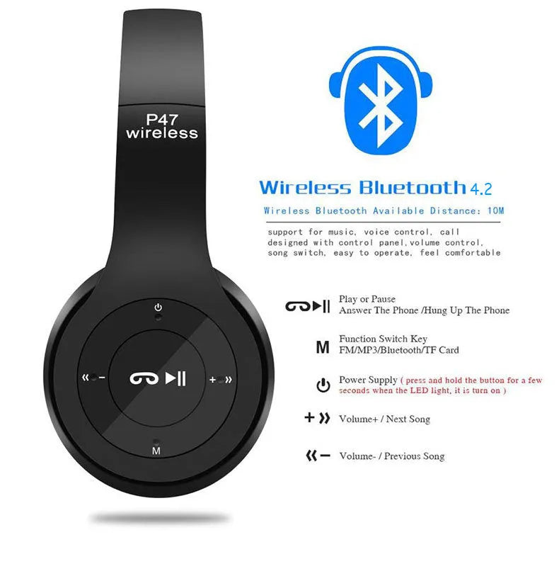 P47 wireless gaming headset in black with Bluetooth connectivity, over-ear design