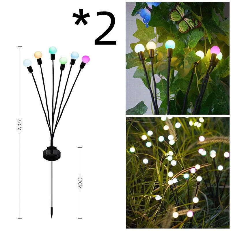 Solar-powered LED firefly ground lamp with multiple light heads for garden pathway illumination