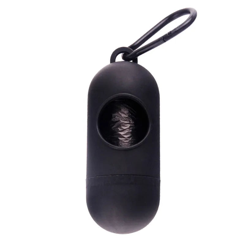 Small plastic dog poop bag dispenser with a side hook and Velcro strap in assorted colours.