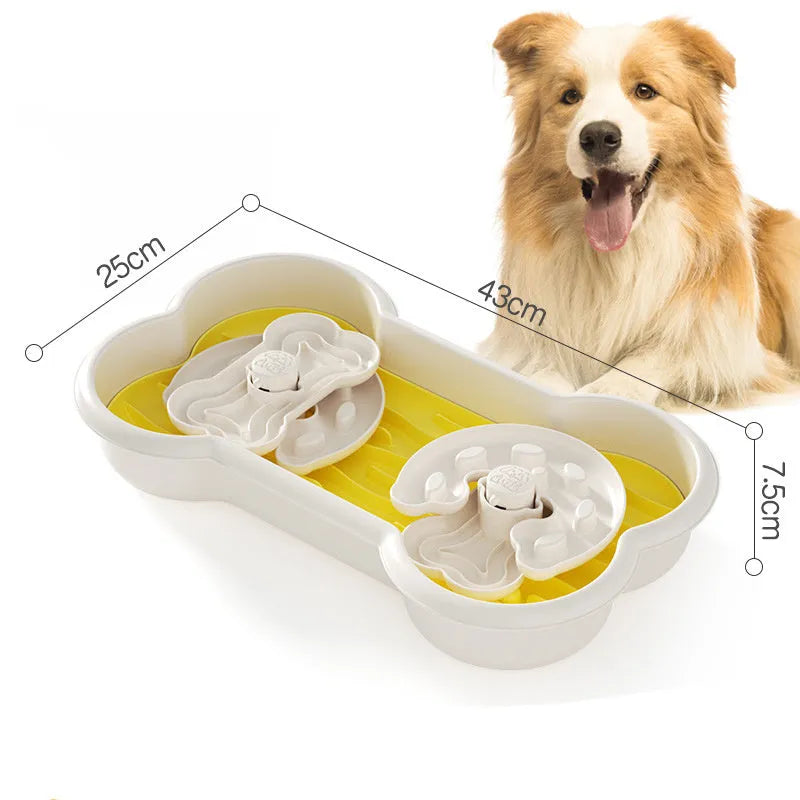 Large yellow slow feeder dog bowl with three-tier maze pattern for golden retrievers and big breeds
