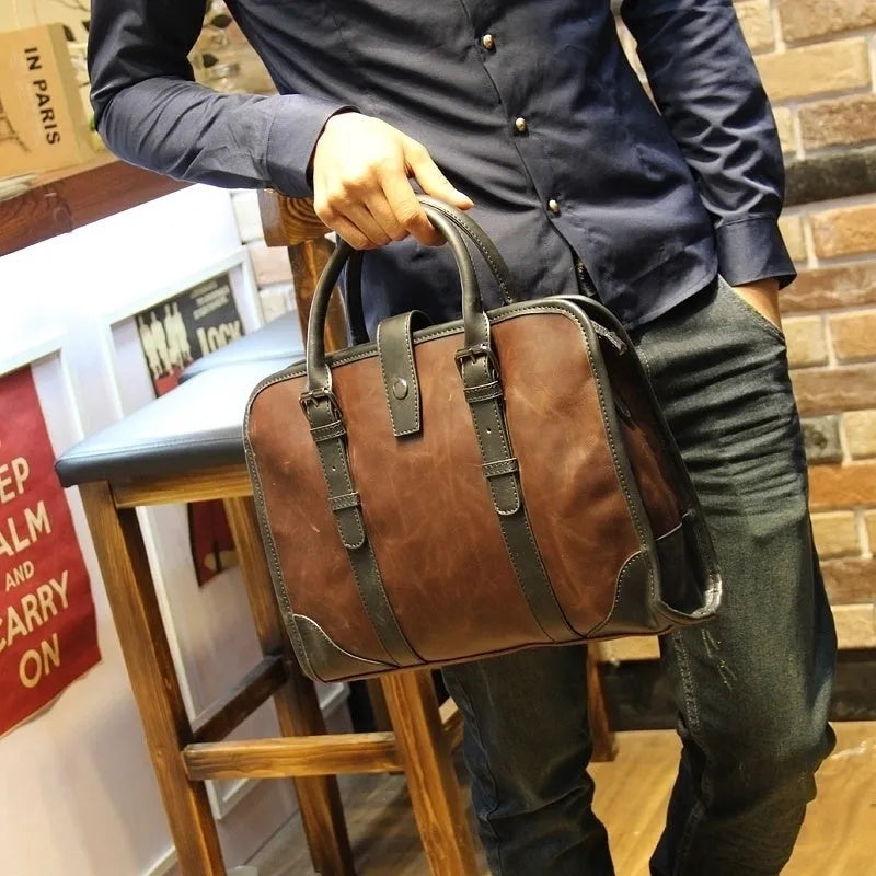 Men's cowhide leather handbag in black, horizontal square shape, medium size, with zipper closure and hard handle