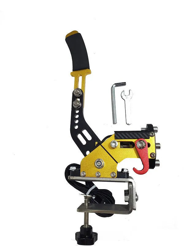 USB racing simulator handbrake with mounting clamp in choice of five colours on a grey background.
