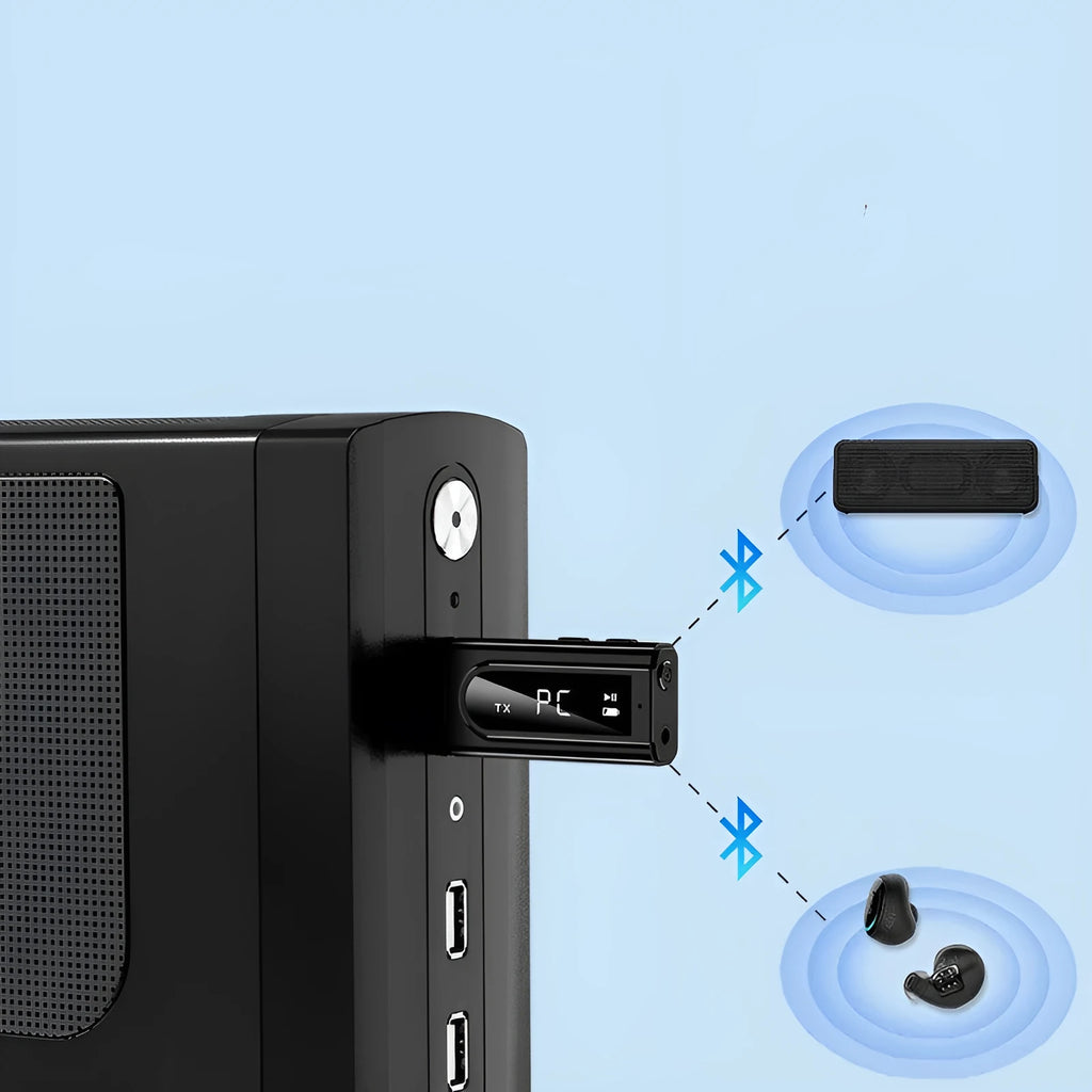 Black USB car FM Bluetooth receiver plugged into a 12V socket for wireless music streaming.